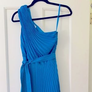 One shoulder turquoise pleated maxi dress